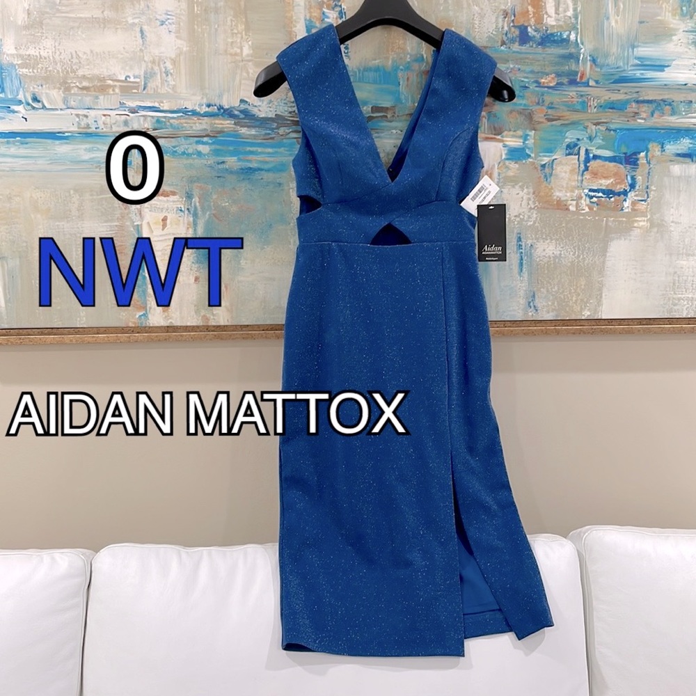 AIDAN MATTOX cobalt blue shimmer midi dress bust criss cross cage front split nw